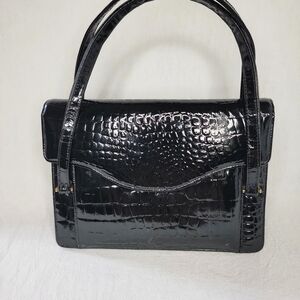 Vintage Goubaud de Paris 1950s Black Patent Croc Embossed Handbag Kelly Style
